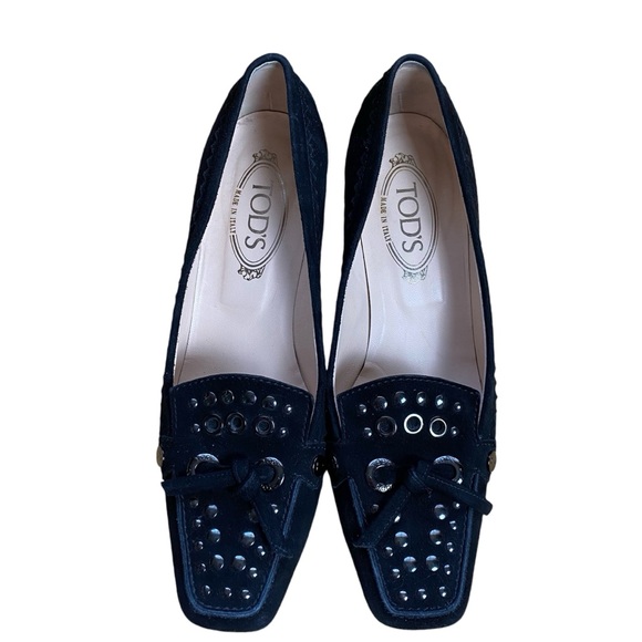 TOD’s Billie Studs & Lace Black Suede Kitten Heel Loafers - Picture 12 of 12